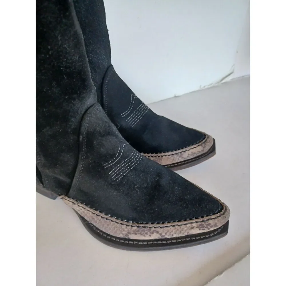 Free People Boho Western Boot Sterling Knee Hi Tall Slouchy Black Suede Euro 38